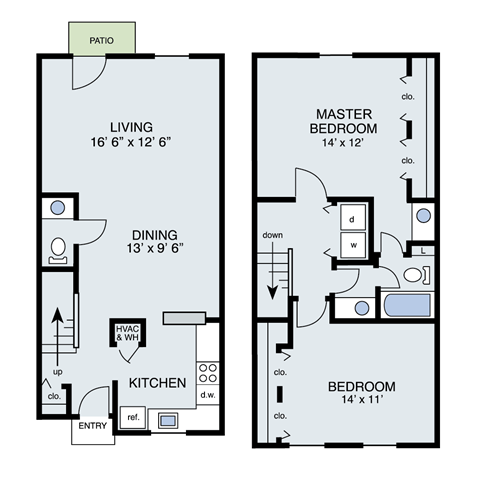 Floor plan for 2 beds, 1.5 baths, 1154 sqft